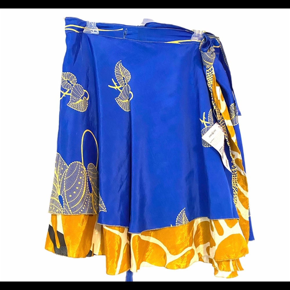 NEW Darn Good Yarn Silk Gold Blue Mini Wrap Skirt